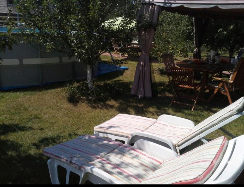 a group of lounge chairs and a table in a yard at Guest House v Svyatopetrovskom in Petrivs'ke