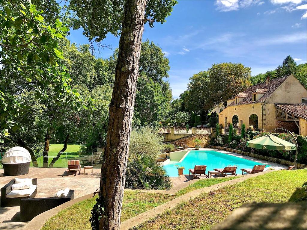 una piscina en un patio junto a una casa en Gite du Manoir Le Roc, en Couze-et-Saint-Front