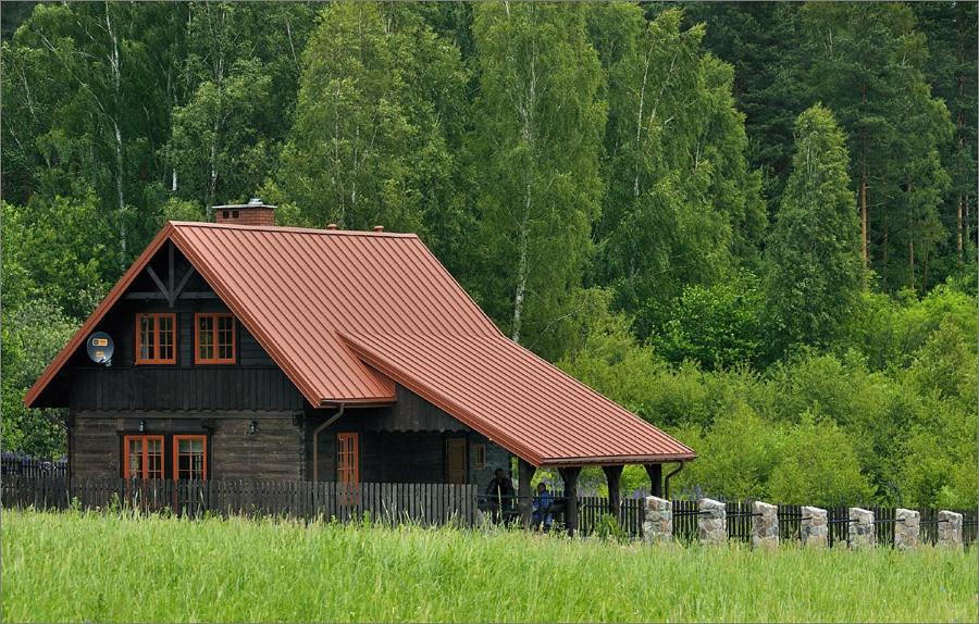 une maison en bois avec un toit rouge dans un champ dans l'établissement mazury-dom, à Świętajno