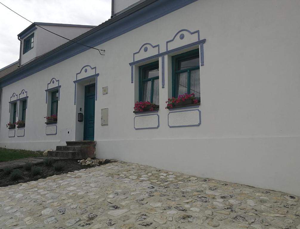 ein weißes Gebäude mit zwei Fenstern und einer grünen Tür in der Unterkunft Bona Terra in Horní Věstonice