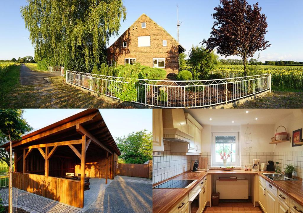 a collage of photos of a house and a kitchen at Ferienhaus ELPARE in Schleife