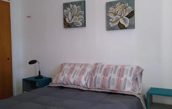 uma cama com uma almofada e duas fotografias na parede em Dpto con balcón, muy buena ubicación em Neuquén