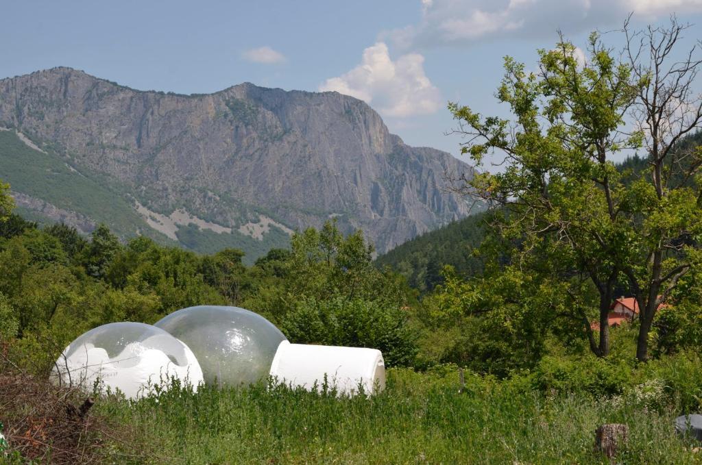 two domes in a field with mountains in the background at Sineva in Vratsa