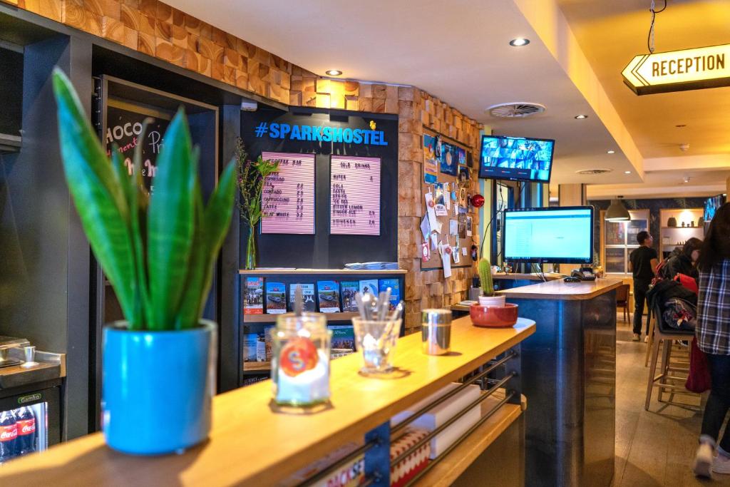 a bar in a restaurant with a potted plant at Sparks Hostel in Rotterdam