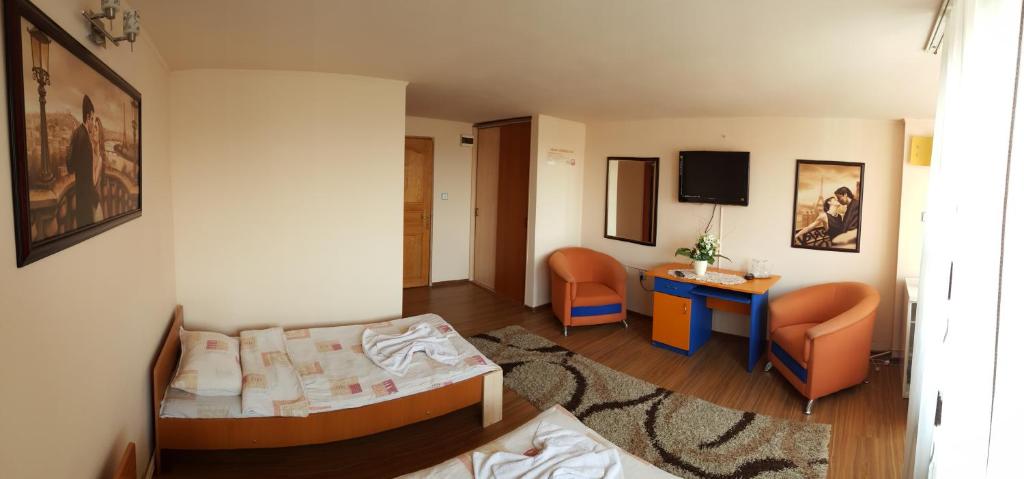 a room with a bed and a desk and a tv at Vila Tei GuestHouse in Târgu Jiu