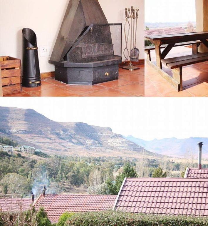 two pictures of a fireplace with a view of a mountain at Drum Rock 5 in Clarens