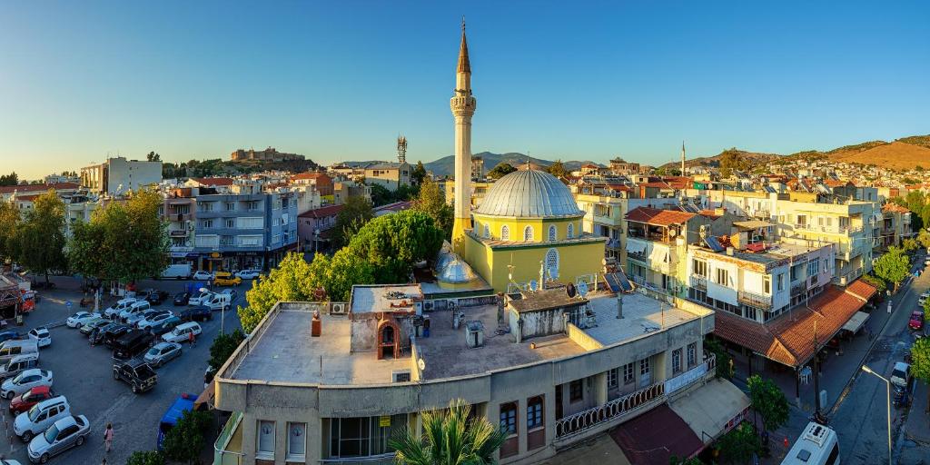 an aerial view of a city with a mosque at EPHESUS CENTRUM in Selcuk