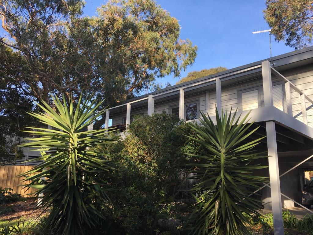 a building with two palm trees in front of it at Kookas Retreat in Mount Martha