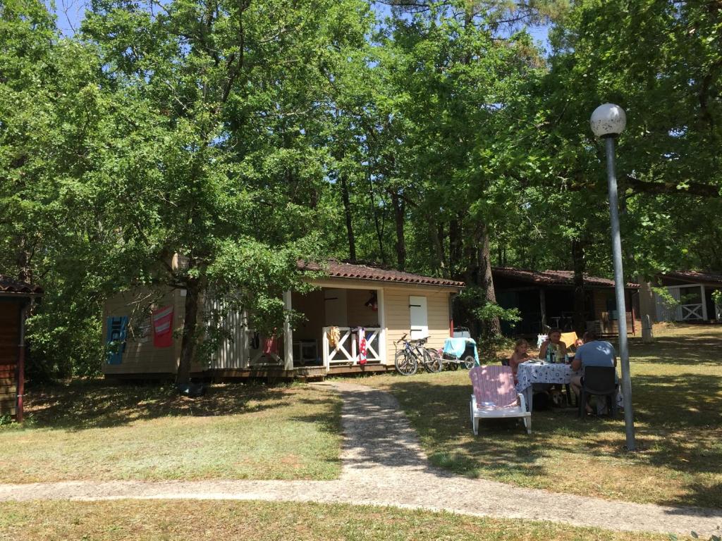 a cabin in the shade of trees with a table and a lamp at Les Bois De Prayssac in Prayssac