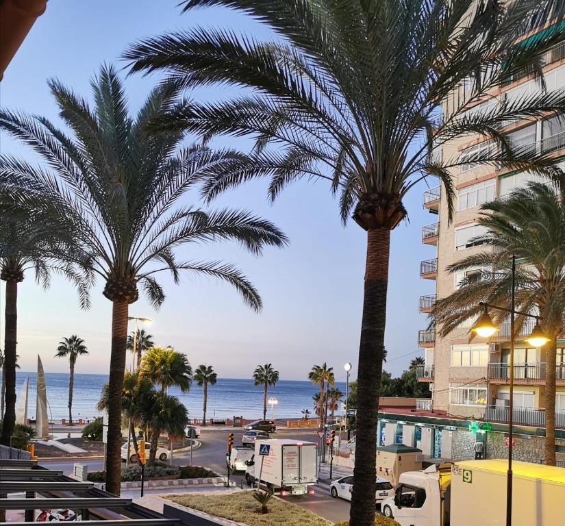 un hotel con palmeras y vistas al océano en Benalroma a 50 metros de la playa! en Benalmádena