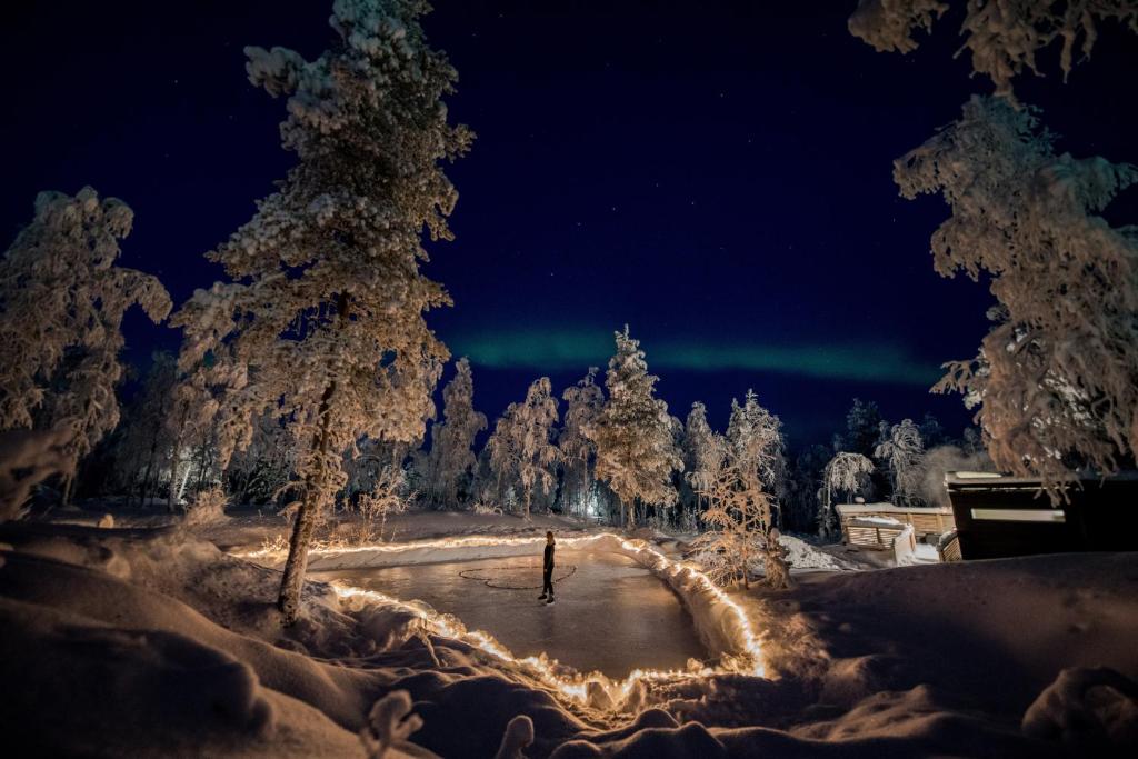 a person standing on a road in the snow with the northern lights at Northern Lights Ranch in Köngäs