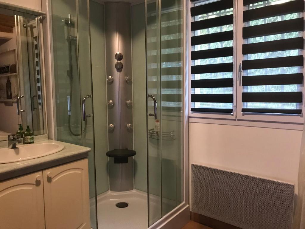 EyguièresにあるUne Pause Douceur - Suite Orchidéeのシャワーと洗面台付きのバスルーム