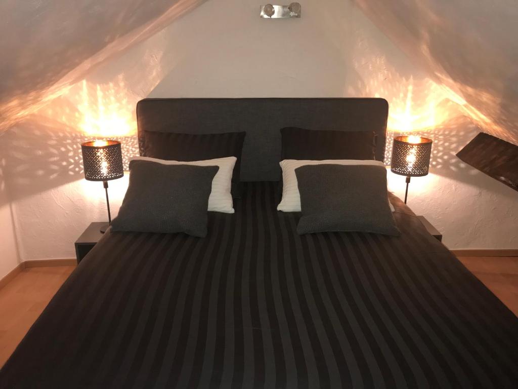 een slaapkamer met een groot bed met 2 lampen bij studio cosy in Gesves