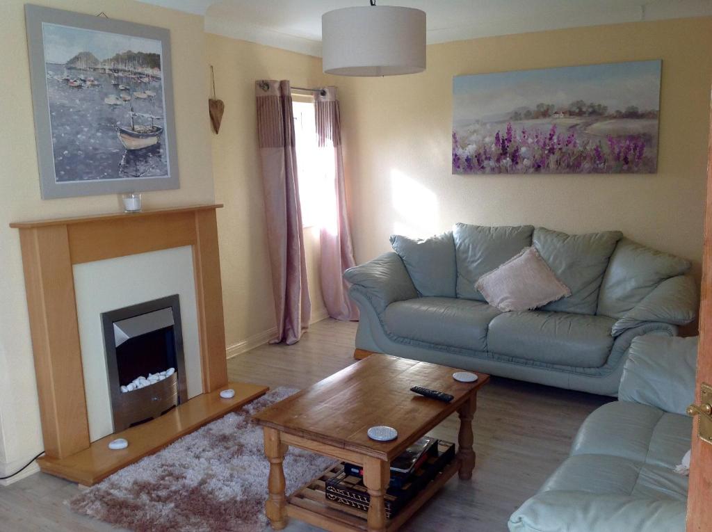 a living room with a couch and a fireplace at Tyisha in Cardigan