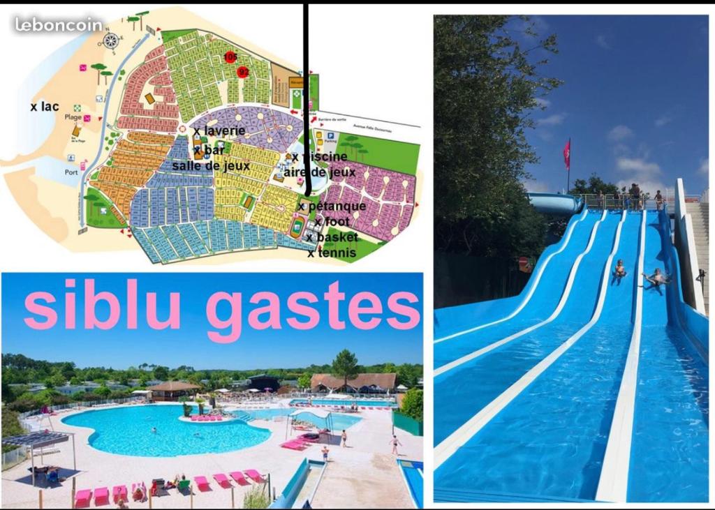 a collage of photos of a swimming pool and a slide at a resort at La réserve 92 in Gastes