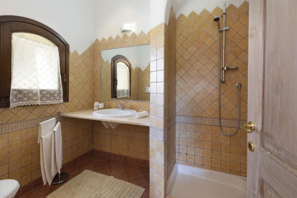 une salle de bain avec douche et lavabo dans l'établissement Porto Cervo-Villa La Gjanda, à Abbiadori