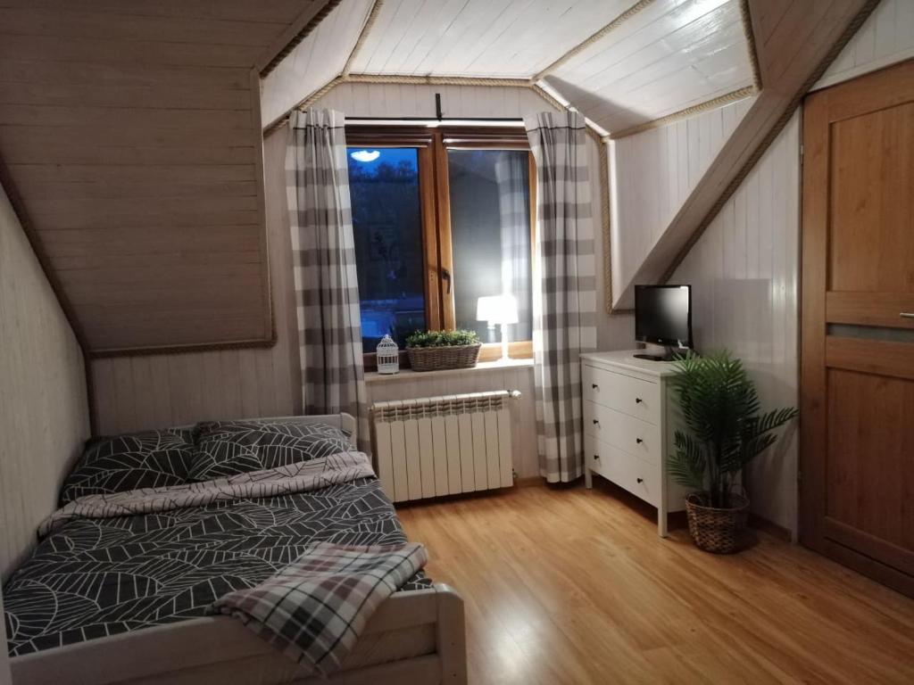 a bedroom with a bed and a window and a tv at Willa Rosiczka in Okuninka