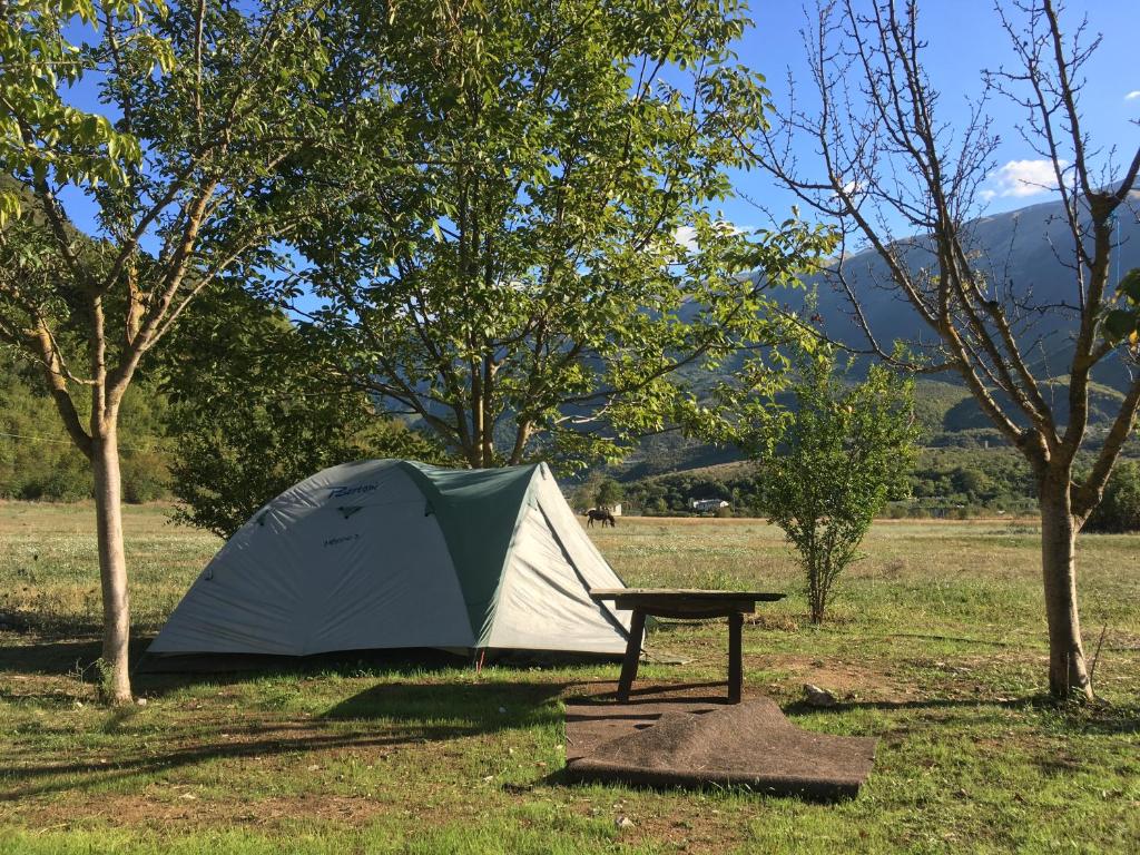 a tent and a picnic table in a field at Albturist Ecocamping Përmet & Outdoor Sports Center in Përmet