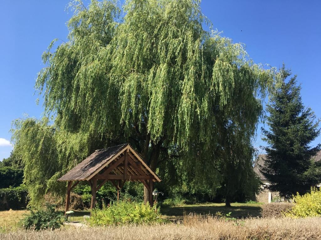 a large willow tree with a gazebo in a field at Charmant T2 RDC dans résidence avec parc arboré in Saint-Pierre-le-Moûtier