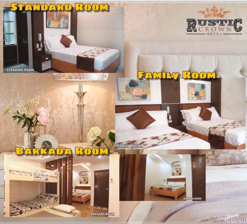 a collage of four pictures of a hotel room at Rustic Crown Hotel in Alaminos