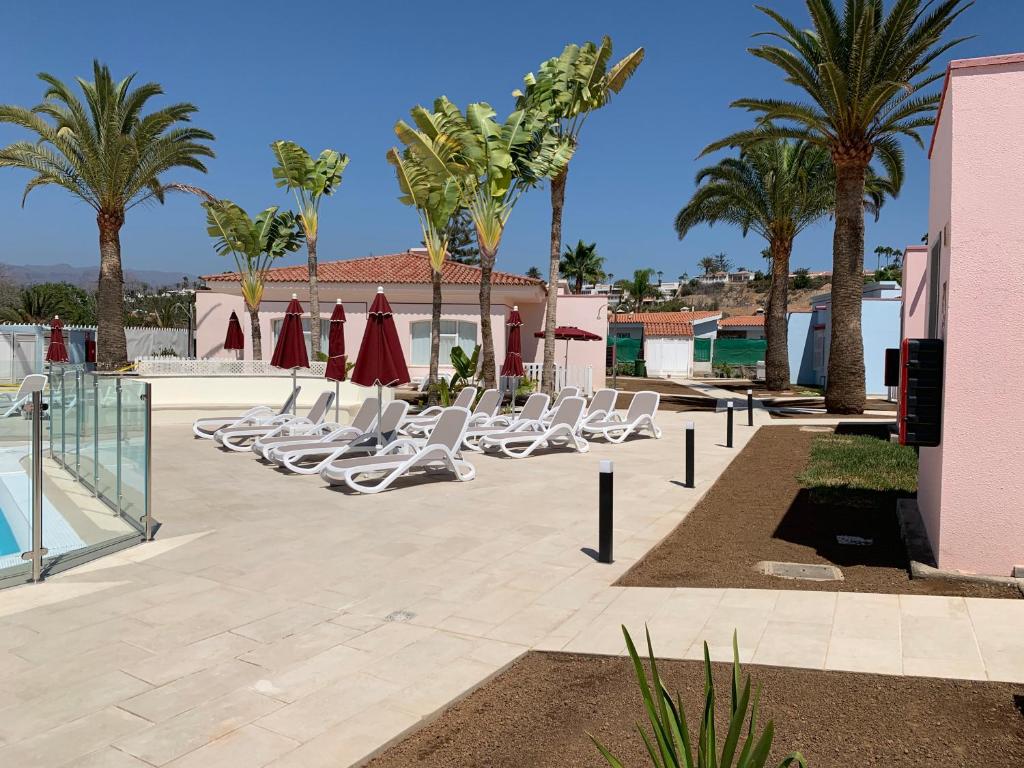 un complejo con sillas, palmeras y piscina en Bungalows Tisaya Golf, en Maspalomas