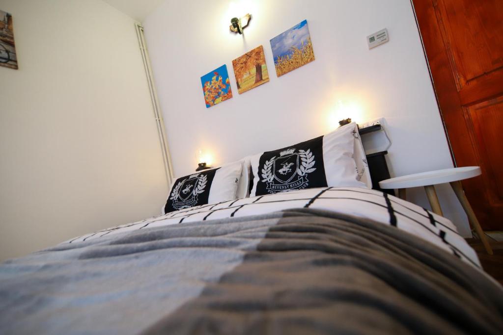 a bedroom with a bed with pillows on it at June Studio in Braşov