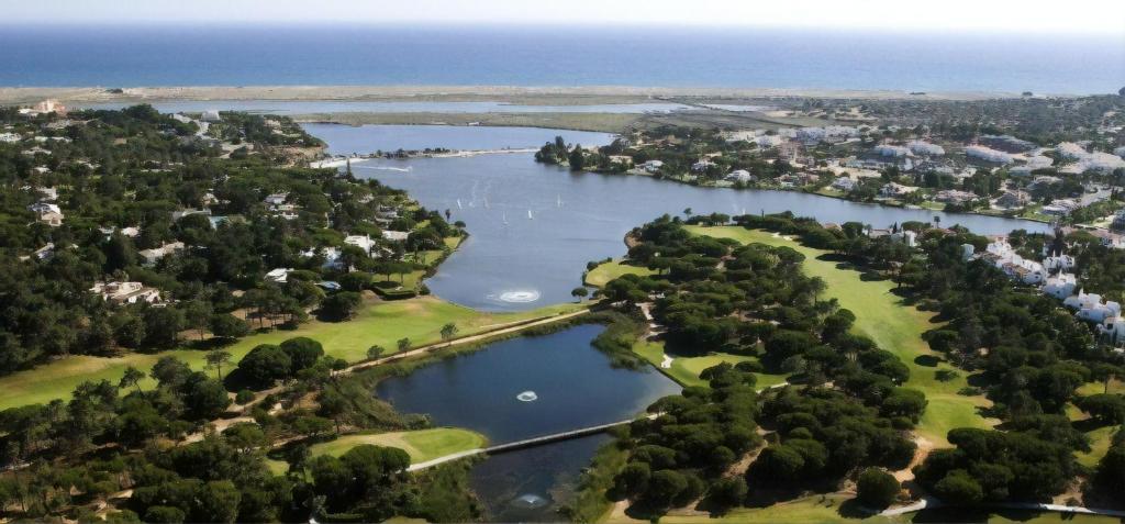 an aerial view of a lake with trees and houses at Blue&Greens Apartment in Quinta do Lago