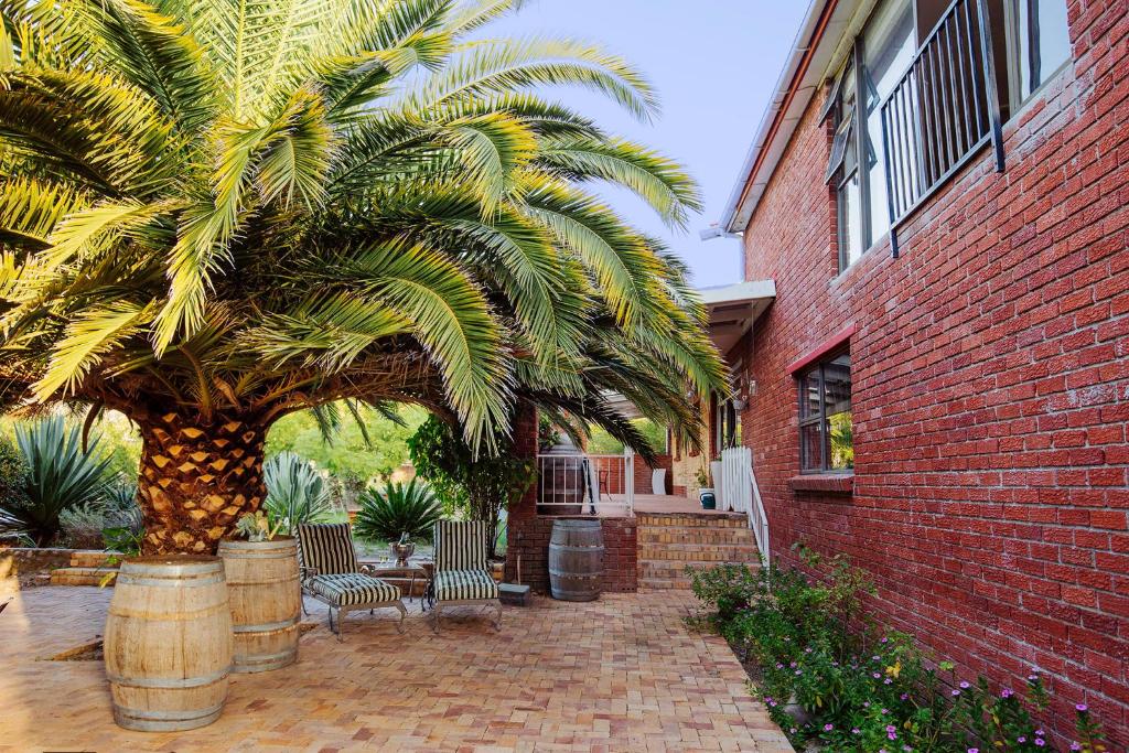 a palm tree in front of a brick building at Staymore Guesthouse in Stellenbosch