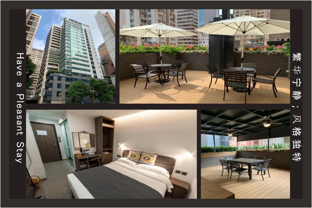 uma colagem de fotos de um quarto de hotel com uma cama e um guarda-chuva em MK STAY - formerly HOTEL MK em Hong Kong
