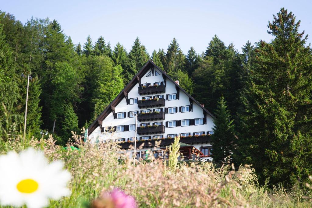 a large white building in the middle of a forest at Hotel Tisa Pohorje in Pohorje