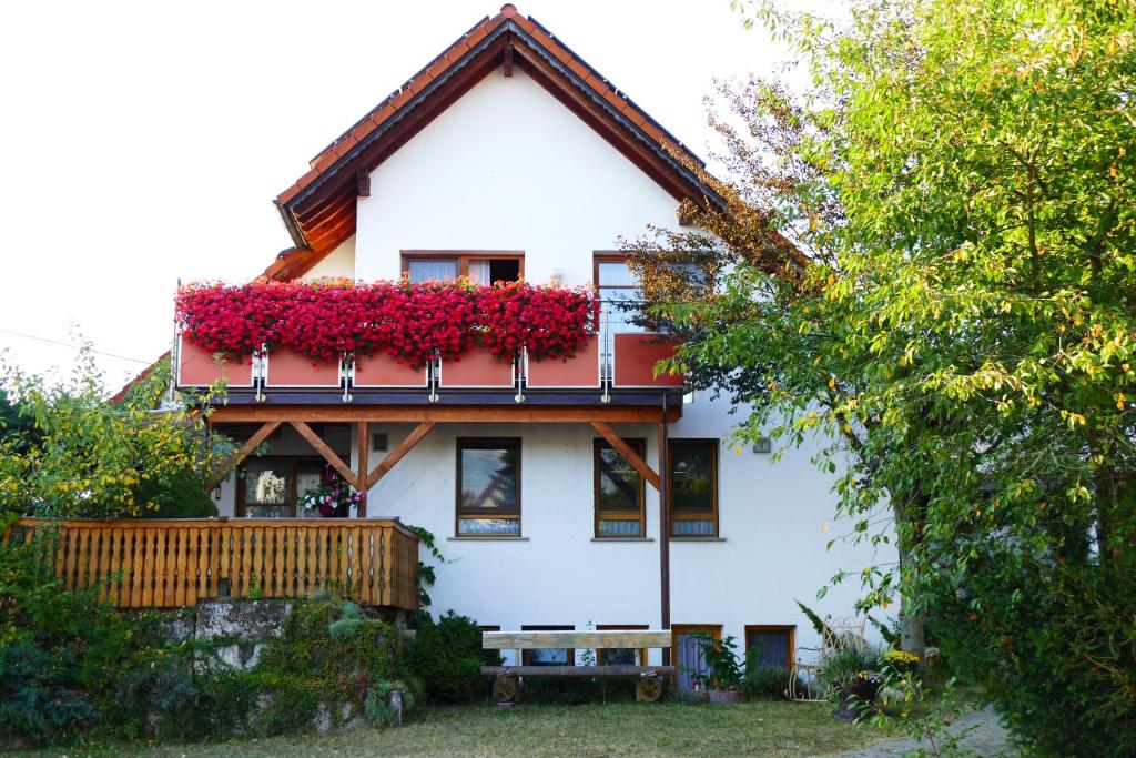 a house with red flowers on the balcony at Gästezimmer Schanz-Hilbel in Burladingen