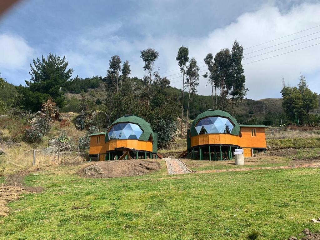 two houses with domes on top of a field at Glamping Los Balcones in Cuítiva