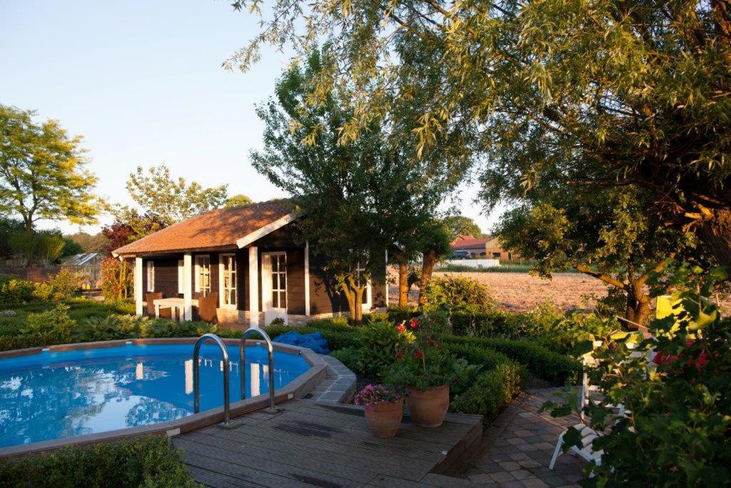 a house with a swimming pool in a yard at In d'Ouwe Vlaamse Schuur in Ossendrecht
