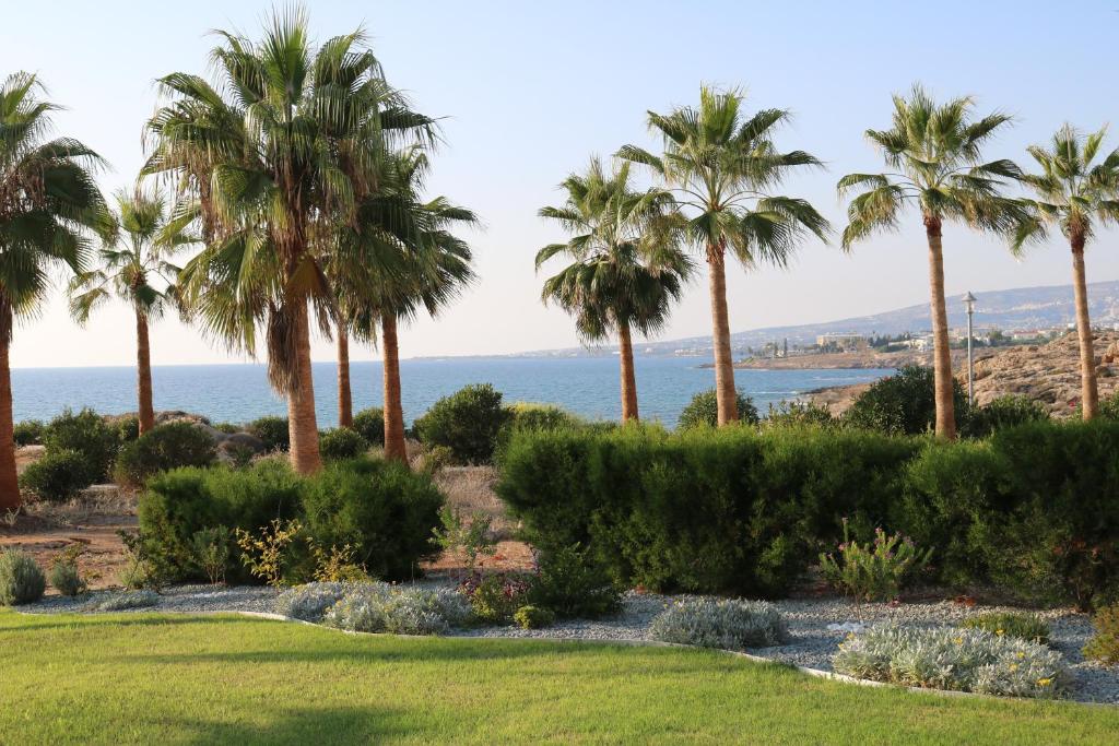 a park with palm trees and the ocean in the background at Yulya Villa By Taimoura in Paphos