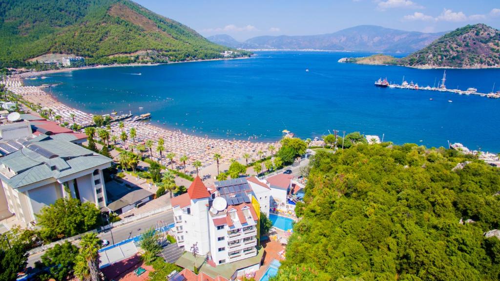 an aerial view of a beach and the water at Hotel Chateau de Ville in Marmaris