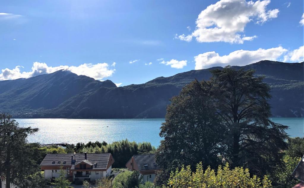 a view of a lake with mountains in the background at Appart T4 Christina contemporain, Vue Lac, climatisé avec parking in Aix-les-Bains