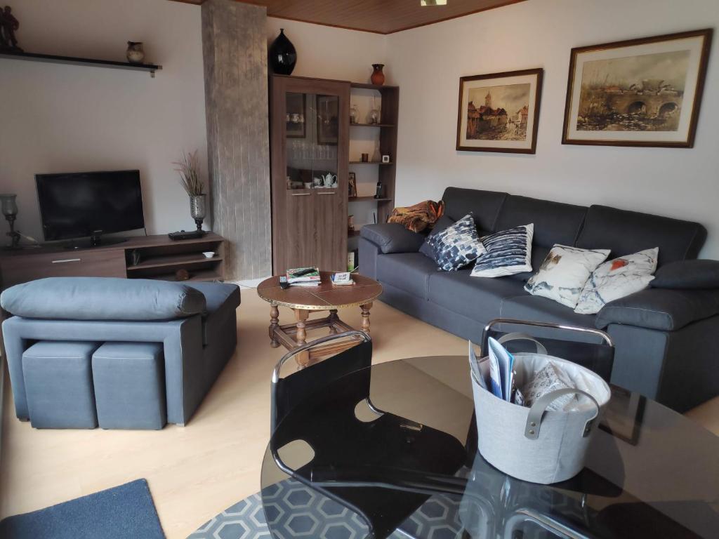 een woonkamer met een blauwe bank en een tafel bij SUITEDREAMS - Pollancre 61 in Andorra la Vella
