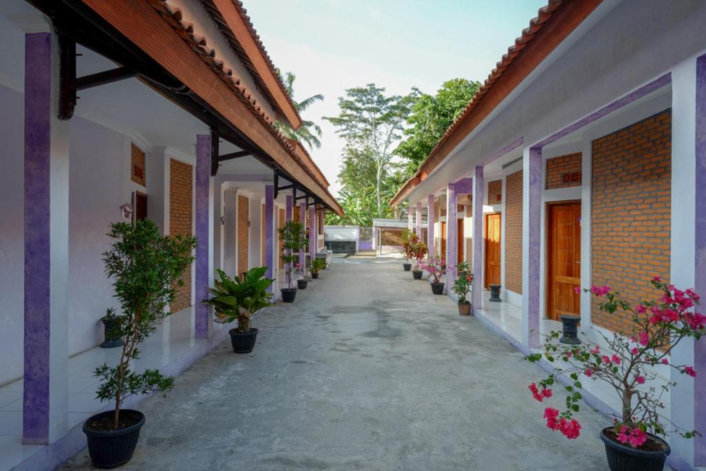 a walkway between two buildings with potted plants at RedDoorz near Goa Jatijajar 2 in Kebumen