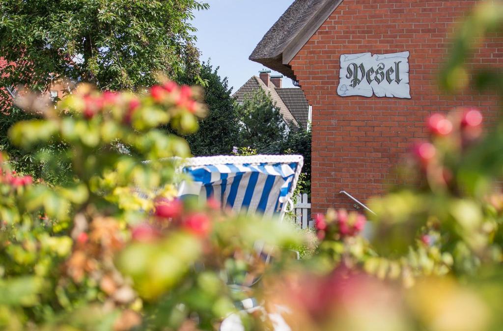 einem blauen und weißen Stuhl neben einem Backsteingebäude in der Unterkunft Haus Pesel - Abendsonne in Norddorf