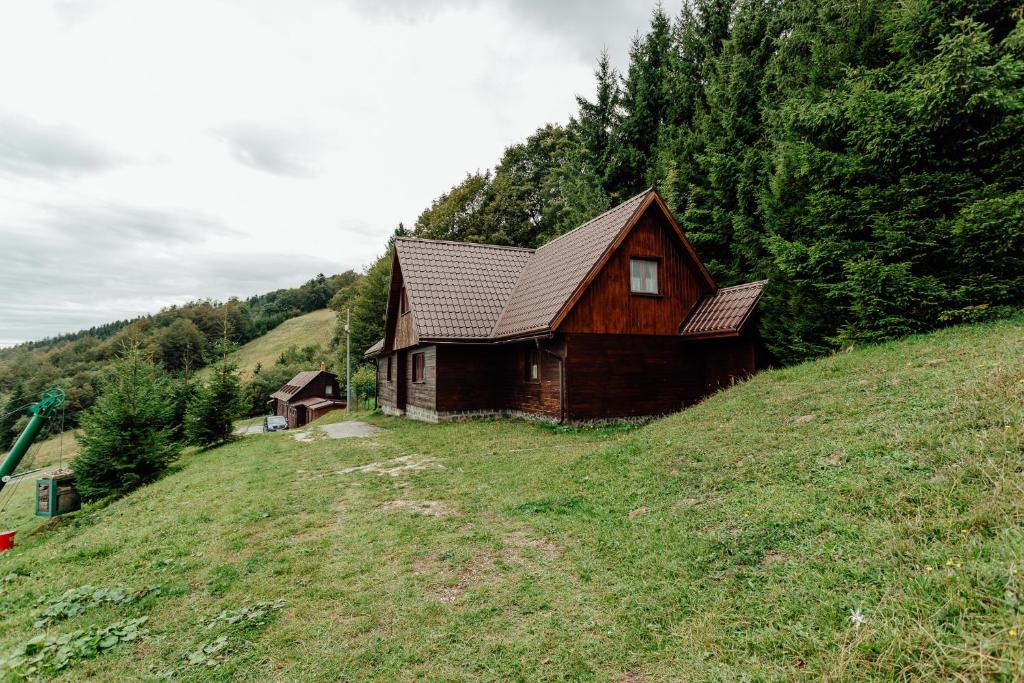 a small wooden house on a hill with trees at Chata Alpina in Kľačno