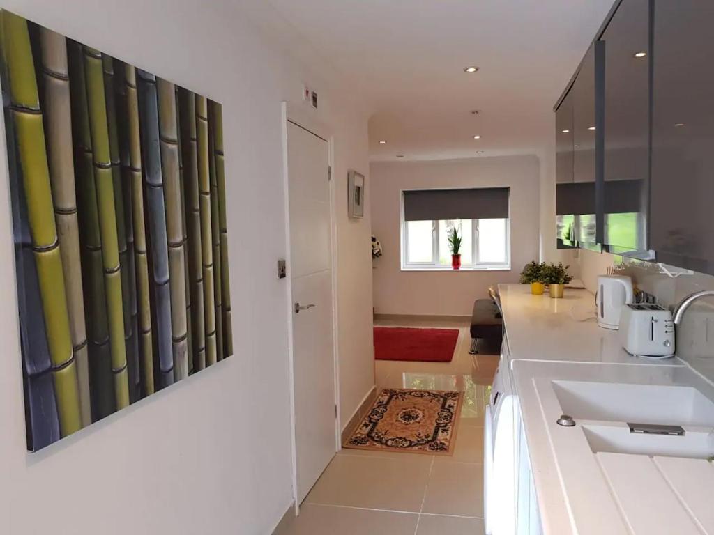 a kitchen with a sink and a living room at Modern split level flat in Croydon (south) London in London