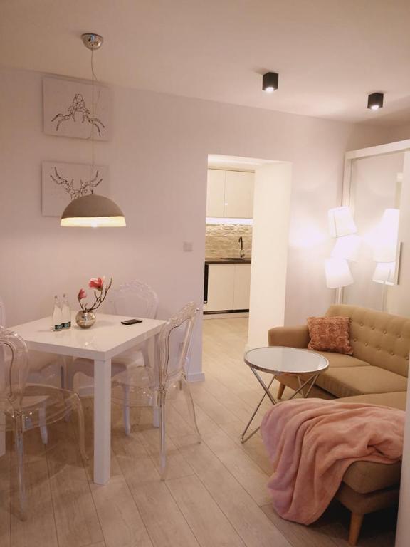 salon ze stołem i kanapą w obiekcie Apartament 100 Apartamenty No 1 Ogród w Centrum w Szczecinie