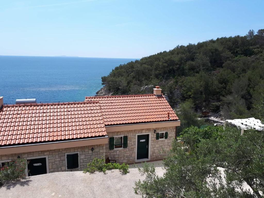 a house with a red roof on top of a hill at Villa Zen in Prizba