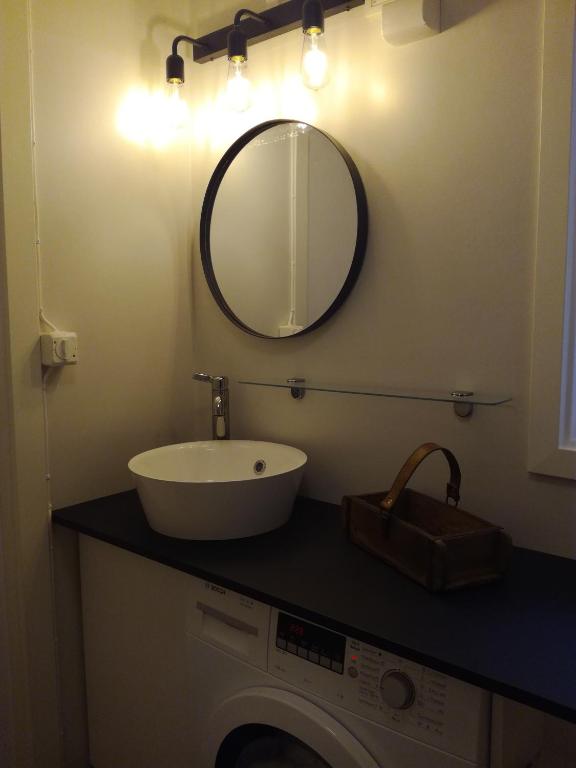 un bagno con un lavandino e uno specchio su una lavatrice di Gårdshuset a Söderhamn