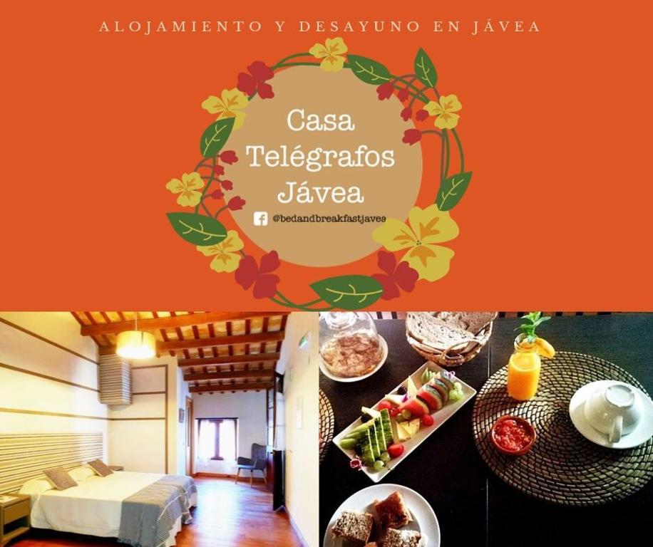 póster de un restaurante con mesa y comida en Casa Telégrafos, en Jávea