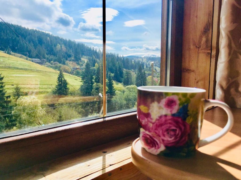 eine Kaffeetasse auf einem Fensterbrett mit Aussicht in der Unterkunft U Daryny in Jablunyzja