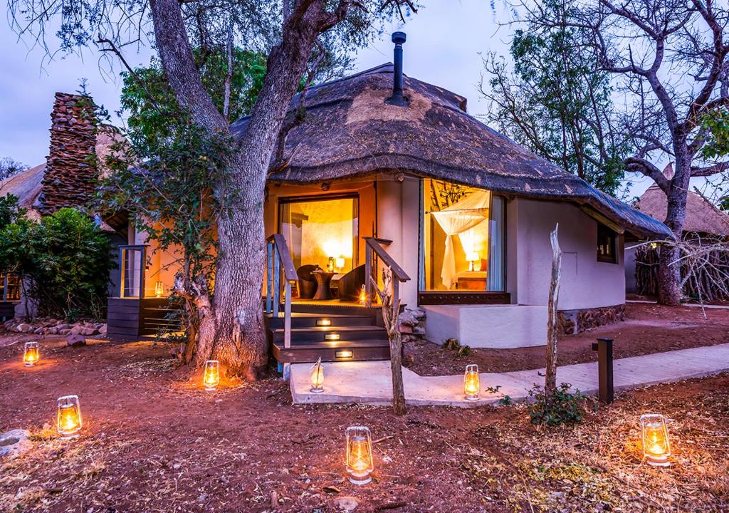 una casa con luces delante de un árbol en aha Makalali Private Game Lodge, en Makalali Game Reserve