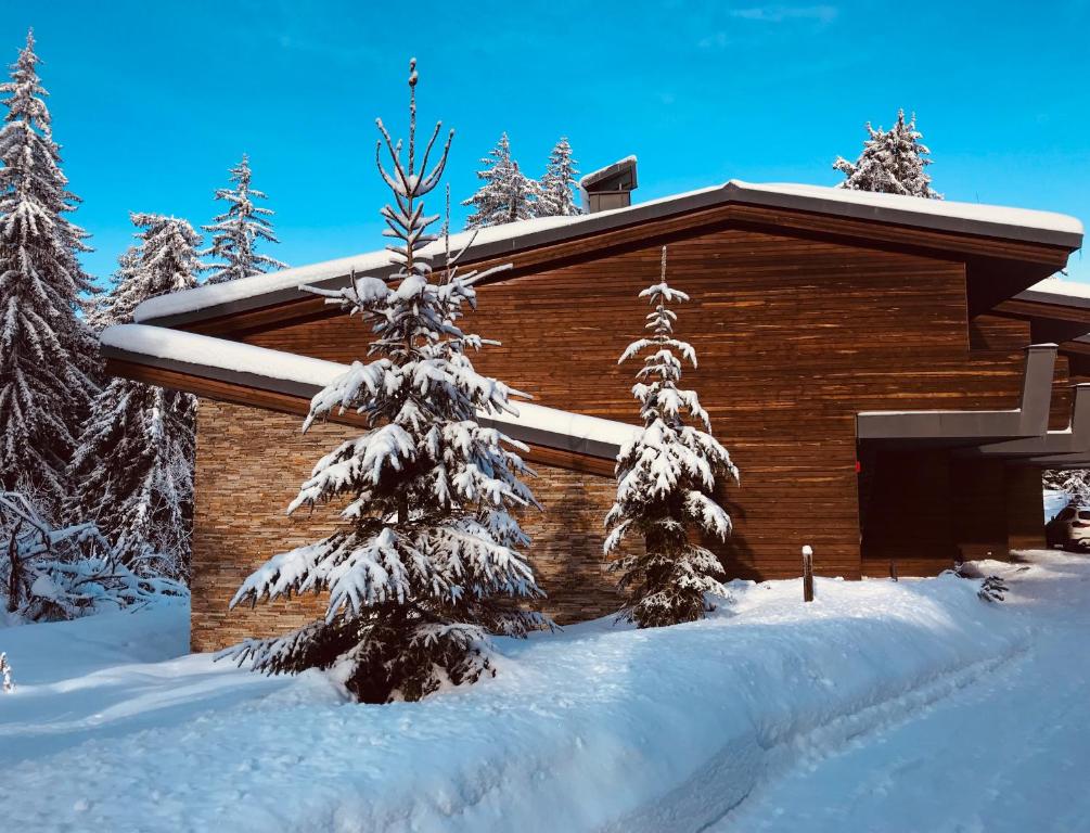 a log cabin in the snow with snow covered trees at Borovets Chalets in Borovets