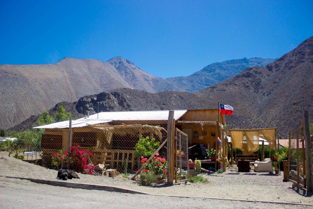 ein Gebäude mit Blumen vor einem Berg in der Unterkunft Astro Camping Experience in Vicuña