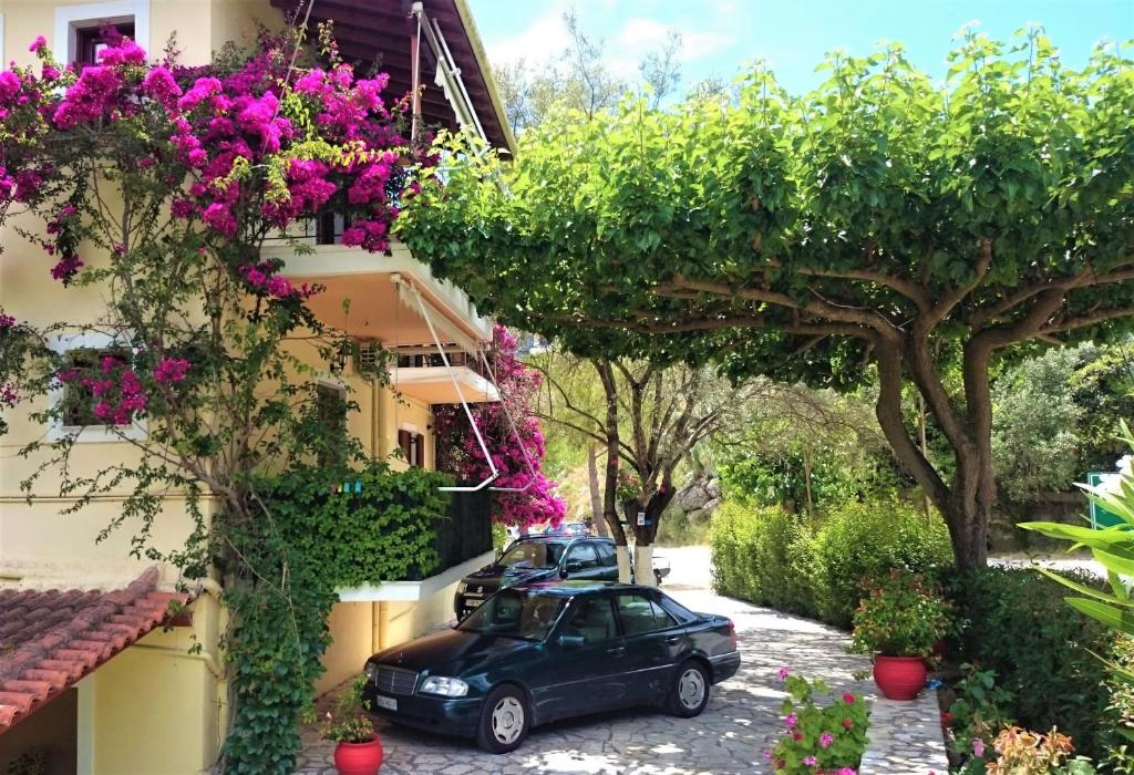 een auto geparkeerd voor een gebouw met paarse bloemen bij Grammatoula Apartment in Nikiana